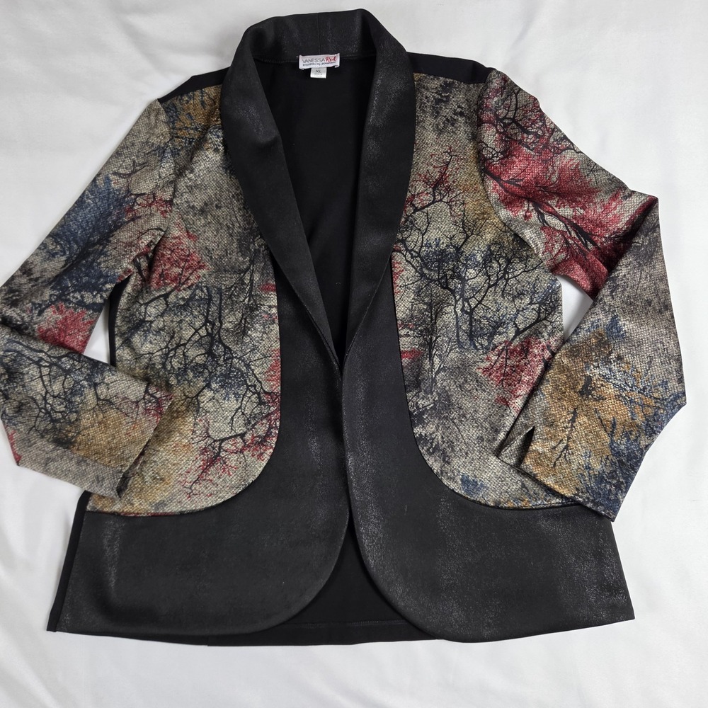 Faux Black Matalic Leather Artistic Open Front Blazer Jacket Red Gold Blue XL